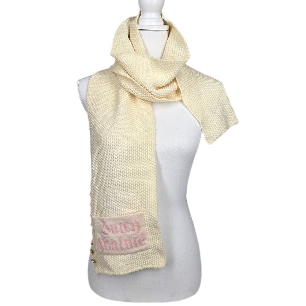 JUICY COUTURE MERINO WOOL SCARF – CREAM – 66" × 7" – GOLD BUTTONS – LOGO PATCH